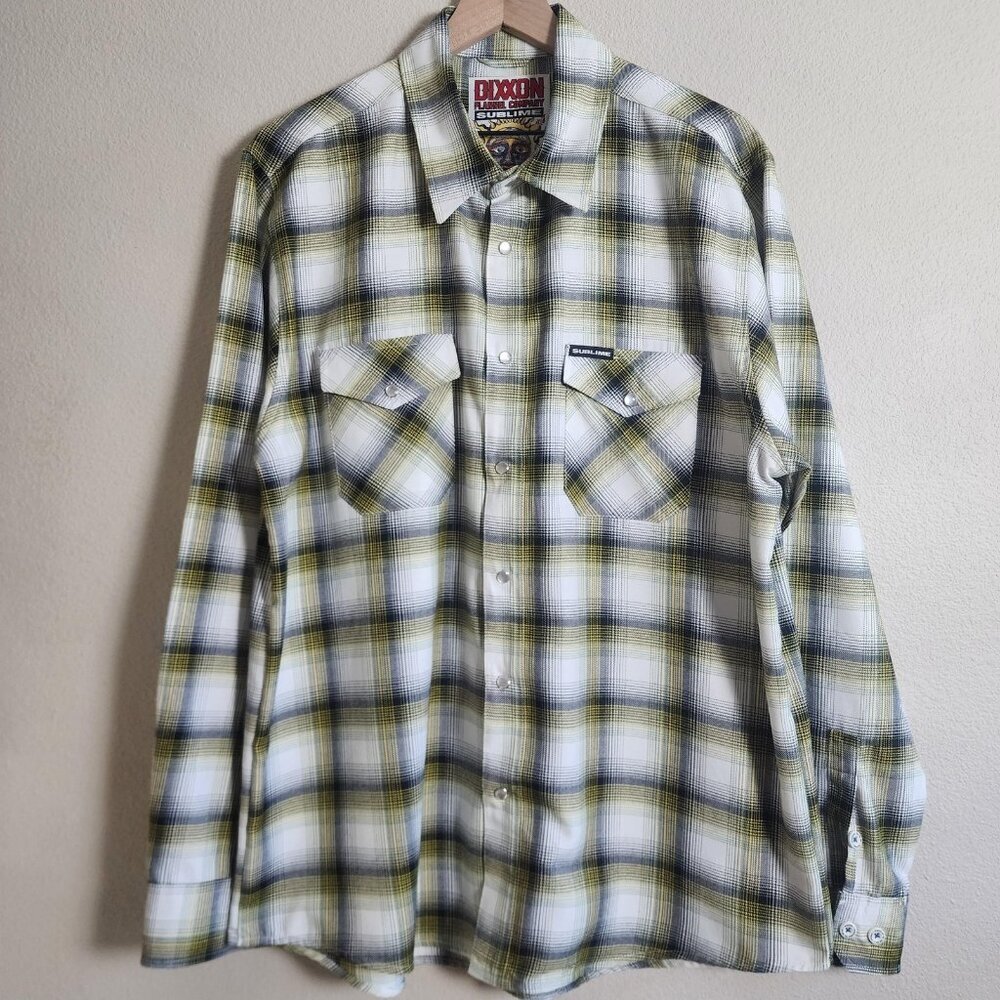 Dixxon Sublime Flannel Shirt Mens Extra Large White Yellow Plaid Snap Button - Picture 1 of 11